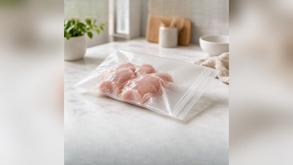 Pechugas de pollo empacadas al vacío en bolsa gofrada transparente sobre una barra de cocina de mármol blanco