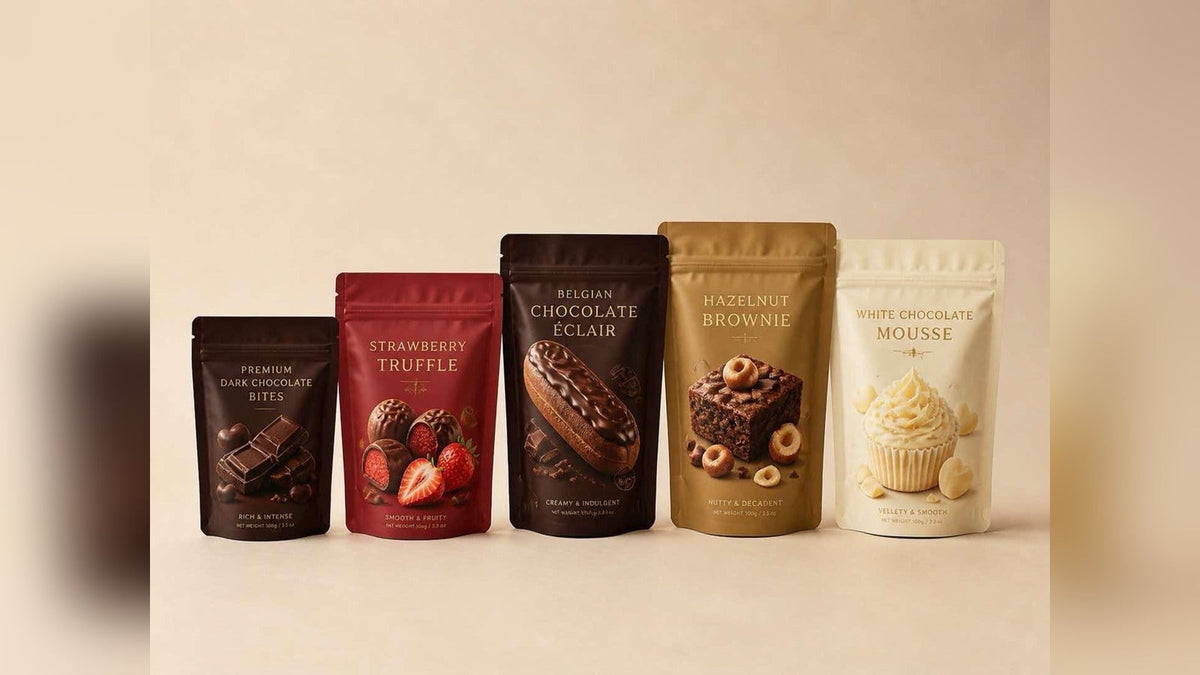 Cinco bolsas tipo doypack impresas a todo color con diseños distintos de chocolates y postres, sobre fondo beige