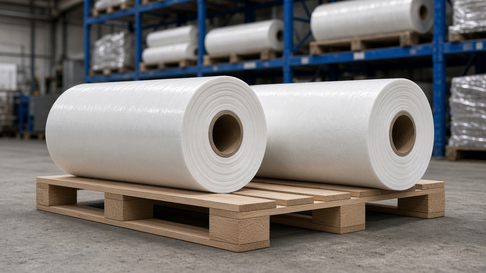 Two rolls of white polyethylene film on a pallet