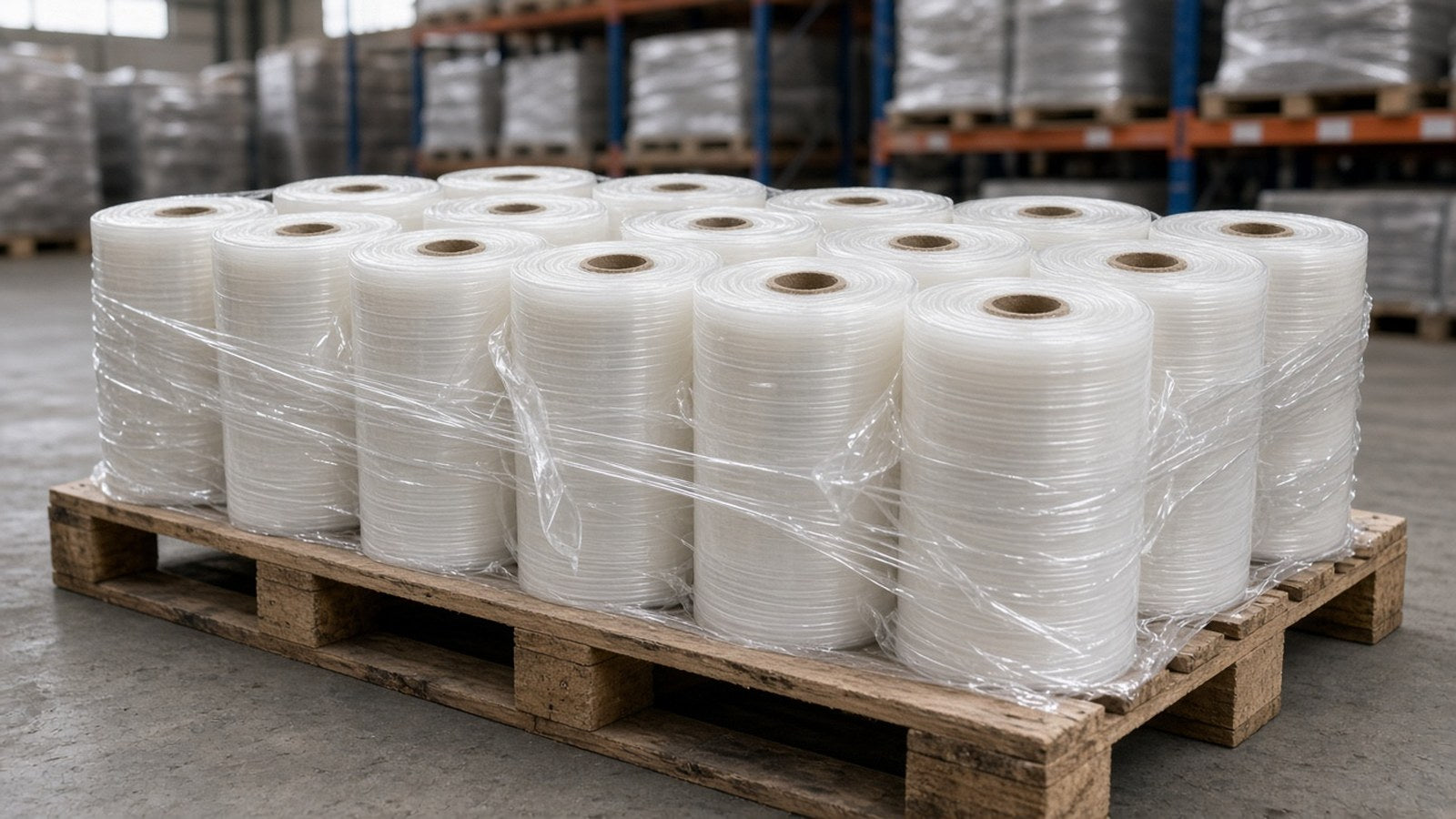 Polyethylene film rolls on a pallet in a warehouse