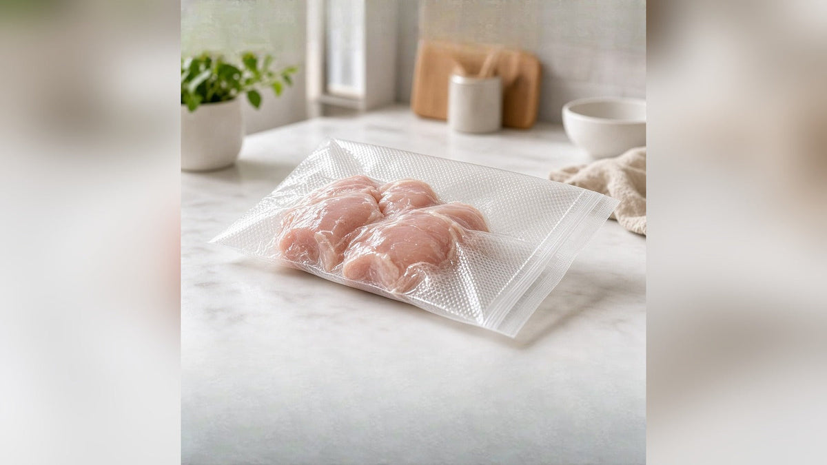Pechugas de pollo empacadas al vacío en bolsa gofrada transparente sobre una barra de cocina de mármol blanco