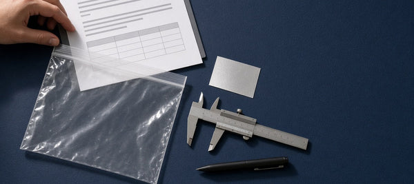 Ficha técnica, bolsa transparente con sello térmico, muestra de película metalizada y vernier sobre mesa azul
