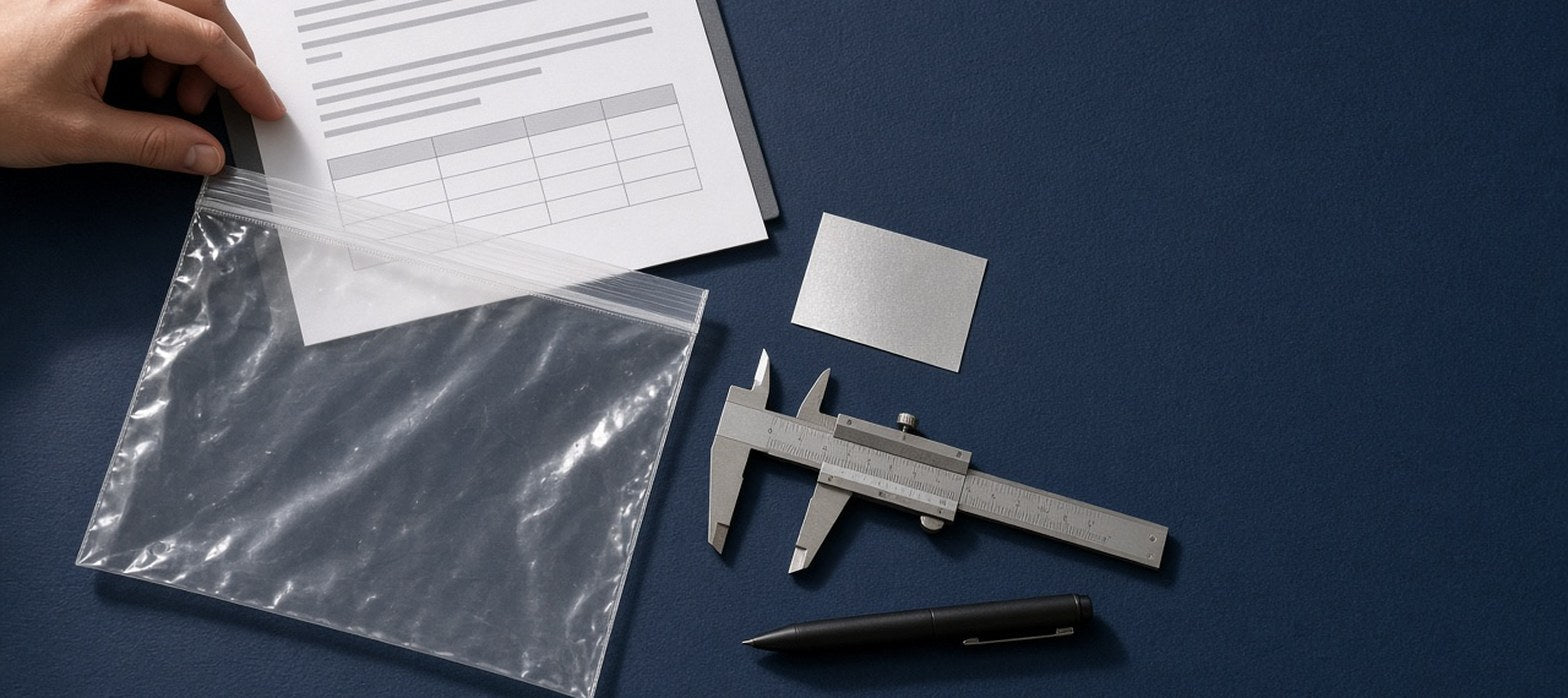 Ficha técnica, bolsa transparente con sello térmico, muestra de película metalizada y vernier sobre mesa azul