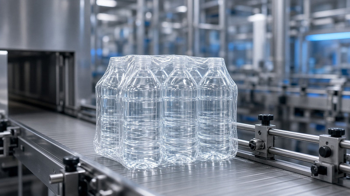 Multipack de botellas envuelto en película termoencogible en una línea de empaque