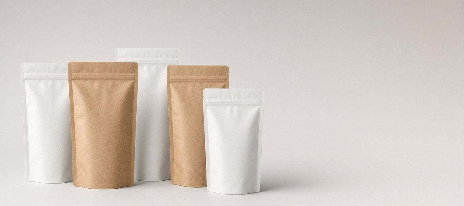 Bolsas stand-up pouch kraft y blancas mate sobre fondo gris claro