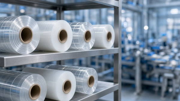 Rollos de película termoencogible transparente en un estante de acero dentro de una planta de empaque