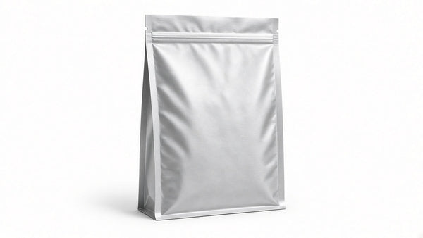 Bolsa Mylar de aluminio resellable sobre fondo blanco