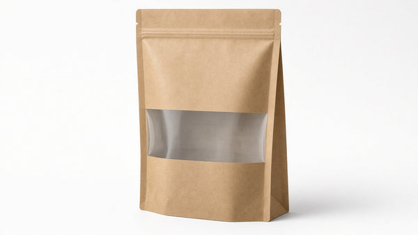 Bolsa stand-up kraft resellable sobre fondo blanco