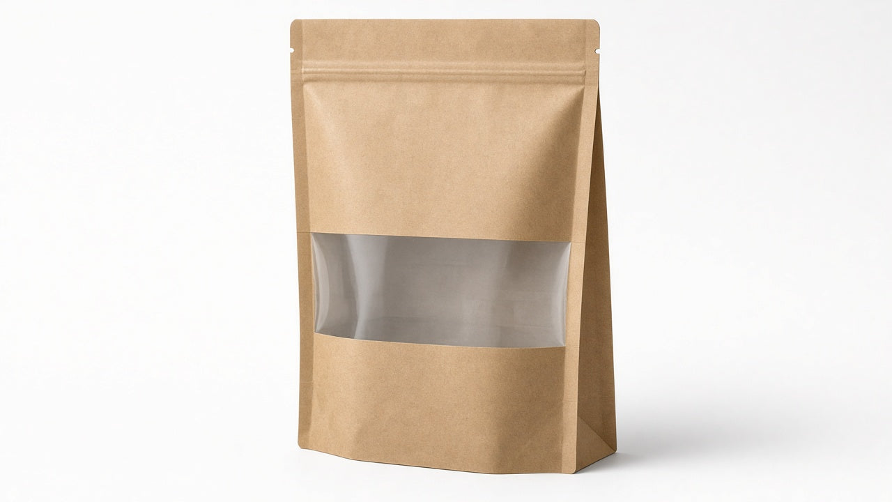 Bolsa stand-up kraft resellable — hero blanco Armovac