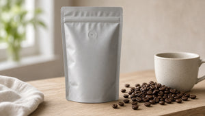 Bolsa café foil mate con válvula en uso