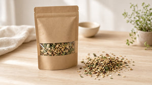 Bolsa stand-up kraft resellable en uso — empaque Armovac
