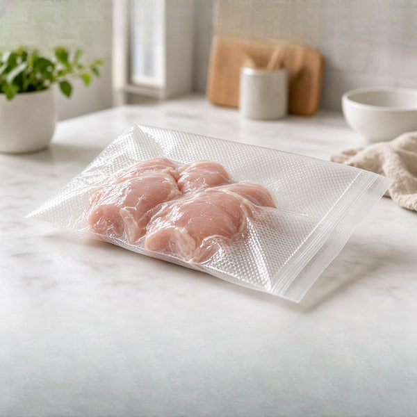 Uso de bolsa gofrada para vacío: pollo sellado en empaque alimenticio