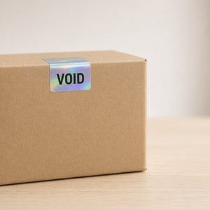 Sello VOID holográfico sobre la solapa de una caja kraft