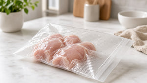 Uso de bolsa gofrada para vacío: pollo sellado en empaque alimenticio