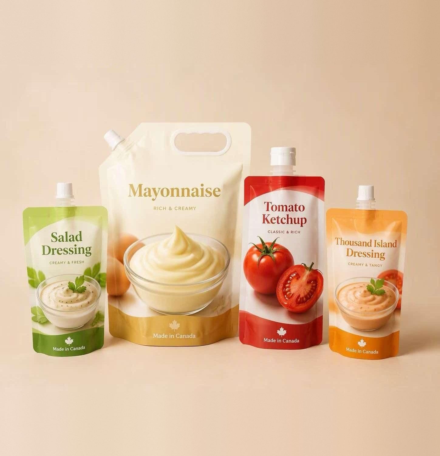 Bolsas impresas con boquilla para aderezos, mayonesa y catsup
