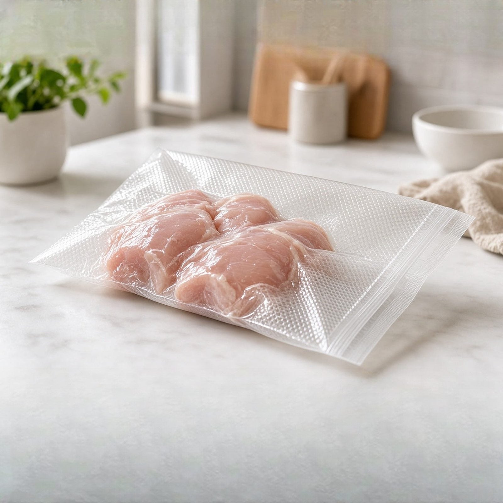 Chicken breasts in an embossed vacuum bag