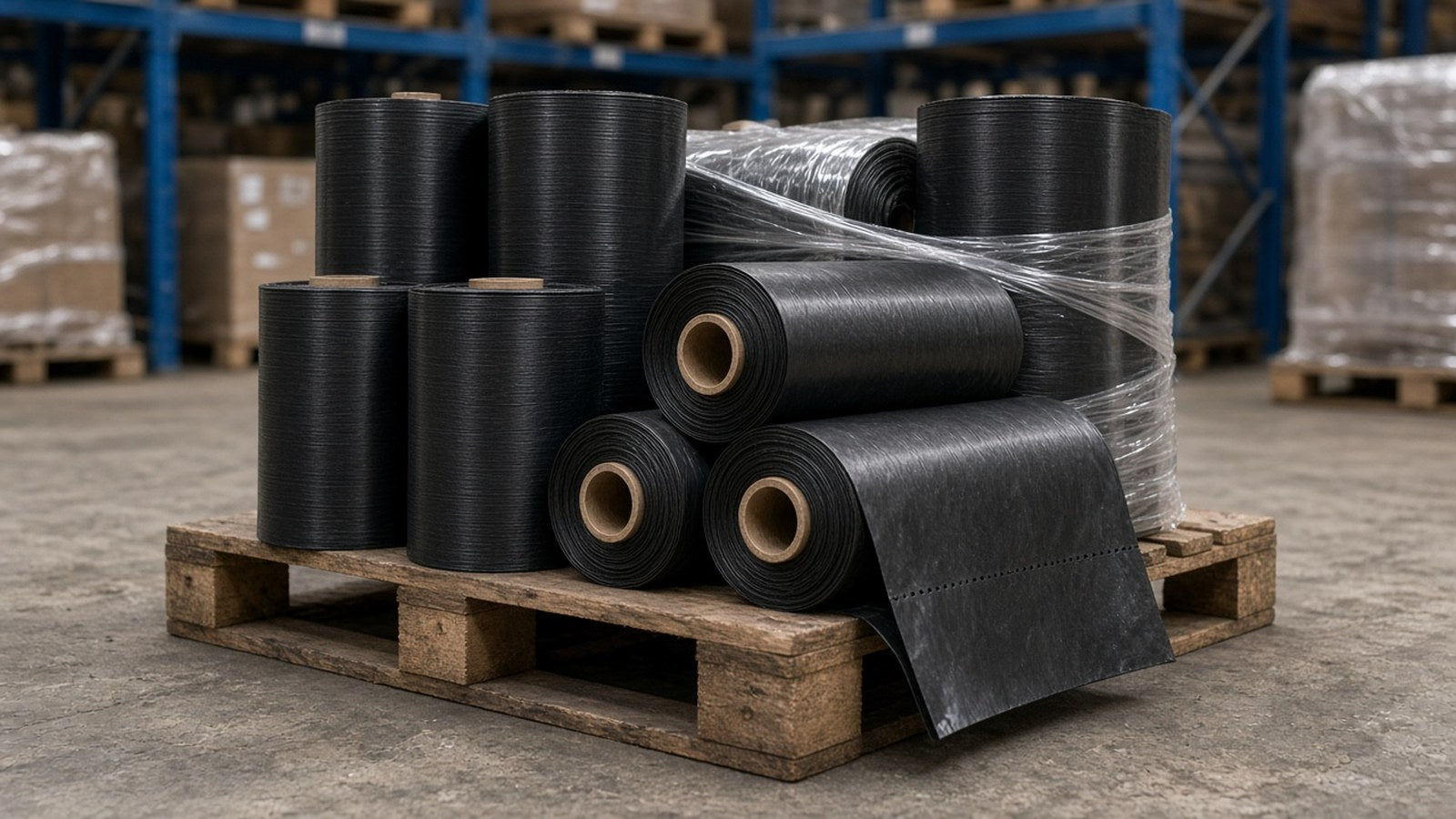 Rolls of recycled trash bags on a pallet in a warehouse