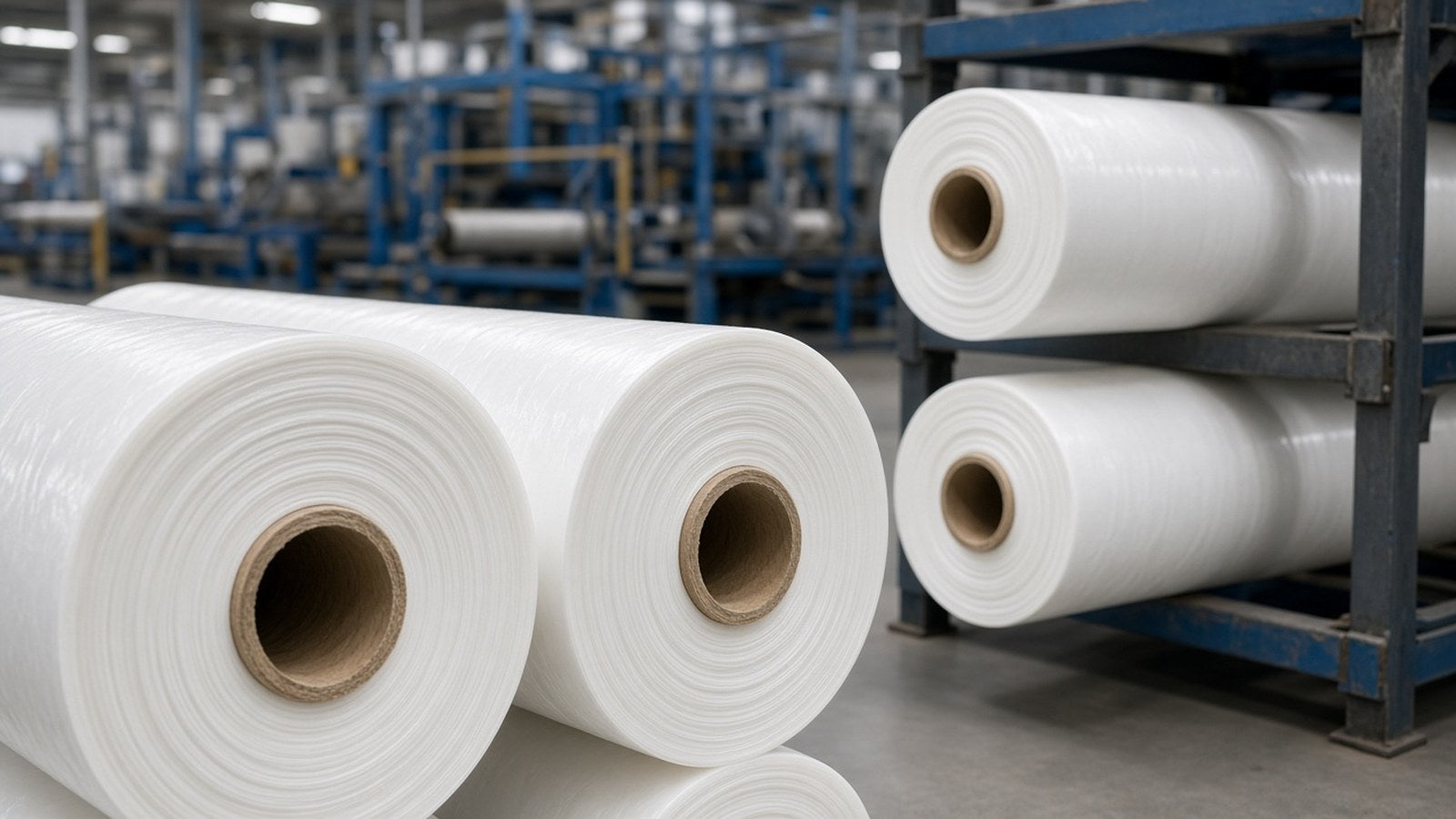 White polyethylene film rolls on warehouse racks