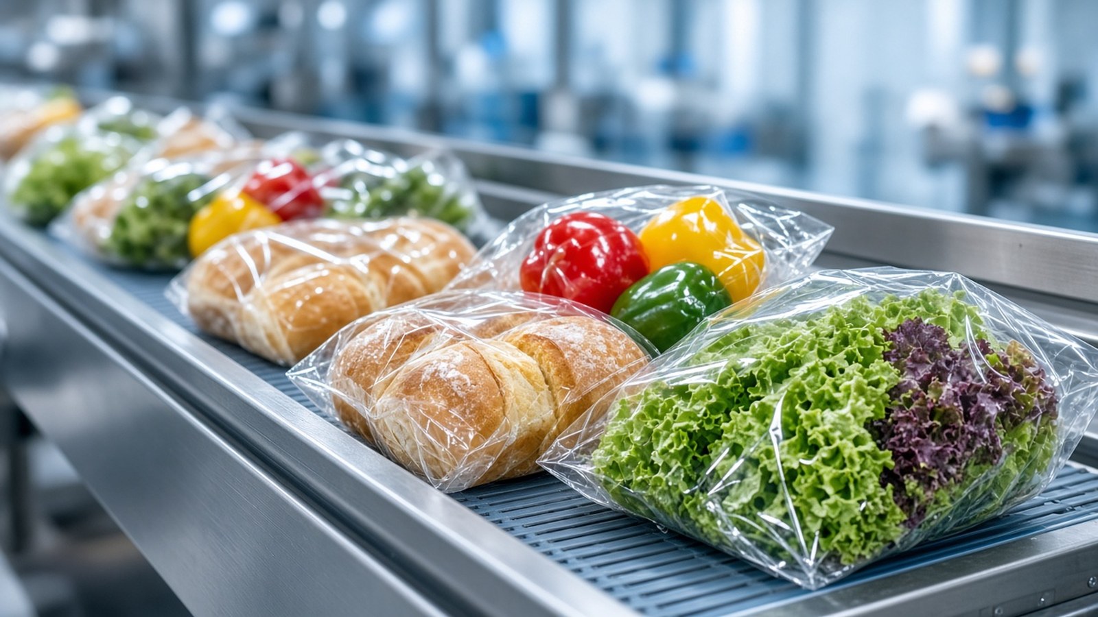 Bread and vegetables in clear bags on a food line