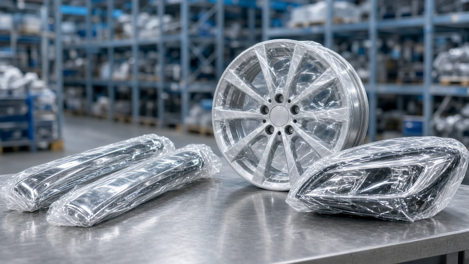 Auto parts protected with plastic film